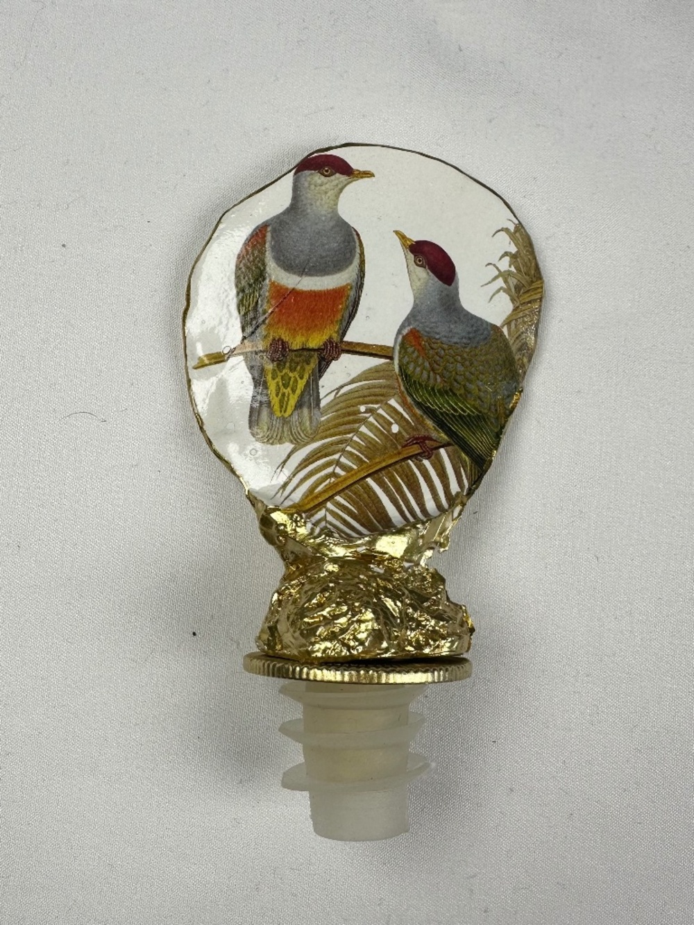 Vintage Porcelain Gold Tropical Metal Wine Bottle Stopper Wallace's Fruit Dove